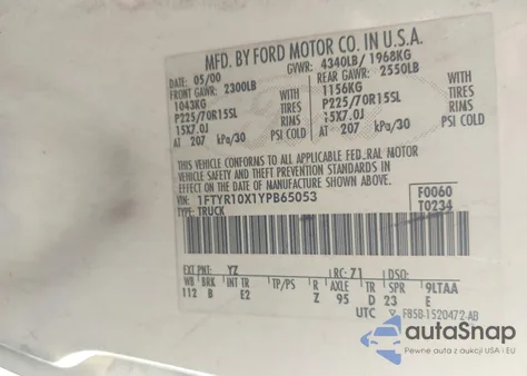 2000 Ford Ranger Xlt z USA, uszkodzony, nr VIN 1FTYR10X1YPB65053